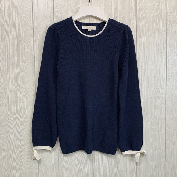 LOFT Blue Sweater White Trim Tie Sleeve Small NWT - Picture 1 of 5